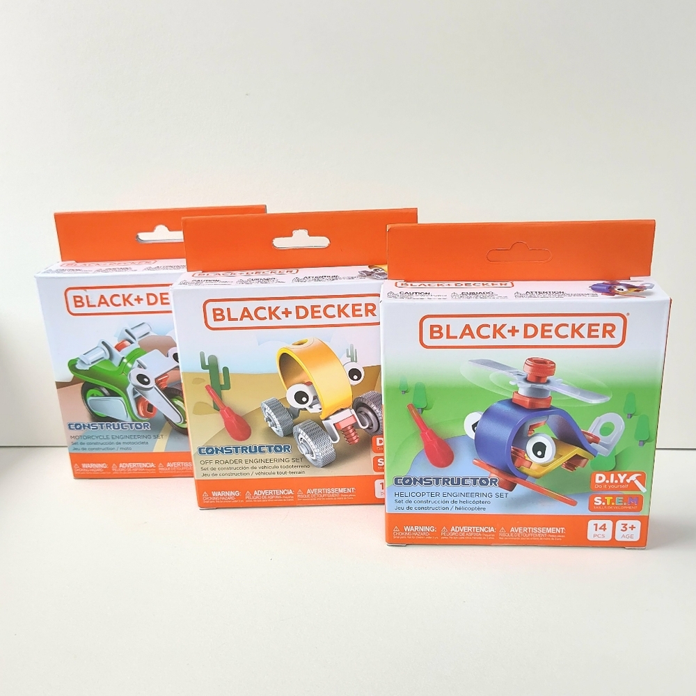 NIB Black + Decker Constructor Engineering Sets Motorcycle Off Roader Helicopter